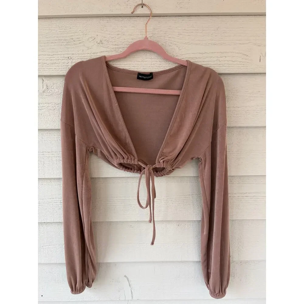 PrettyLittleThing Taupe Ribbed Tie Front Crop Top Long Sleeve Size S - Picture 2 of 4